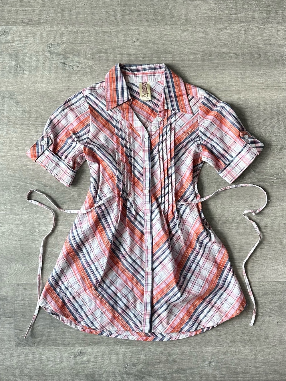 Chillpop Women’s Pink Plaid Button-Front Tunic Top with waist tie